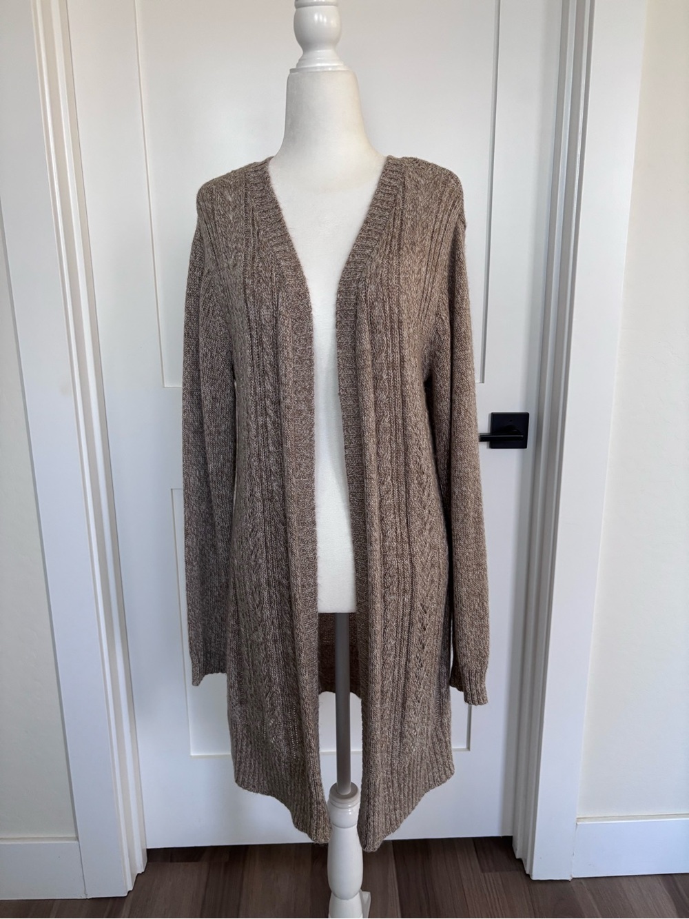 Allie & Rob Open-Front Cable Knit Cardigan - Taupe Brown